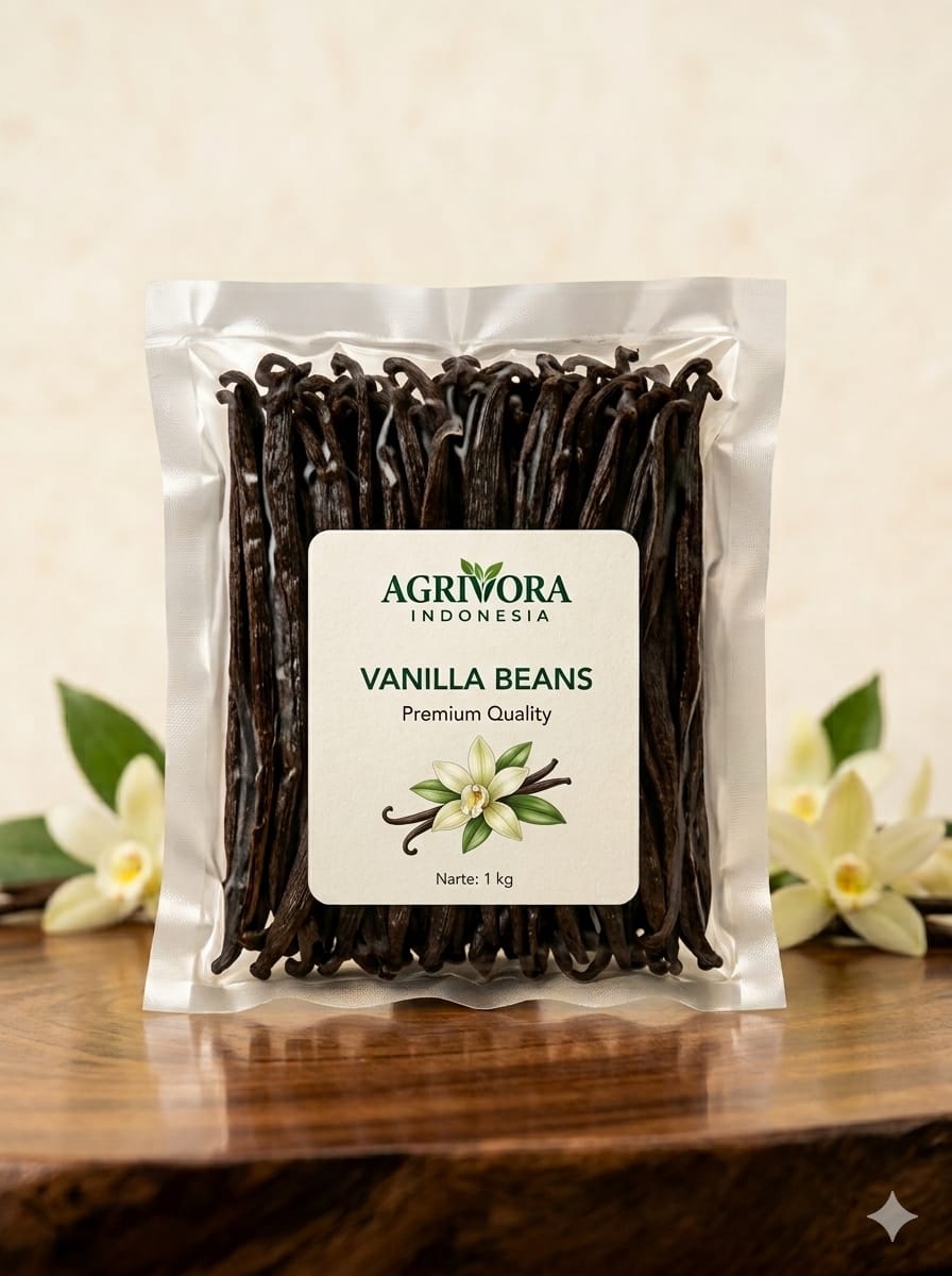 Indonesian cured vanilla beans glistening with natural vanillin oils